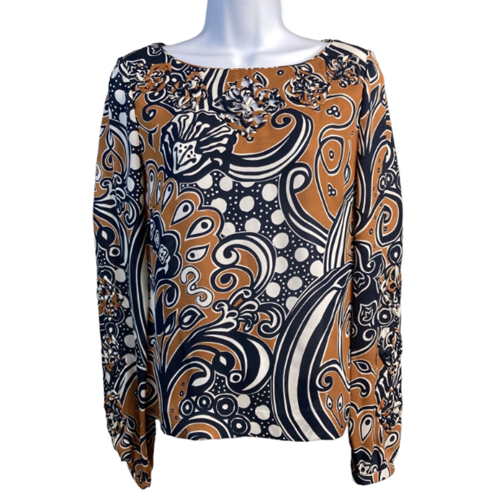 Tory Burch Silk Top Sz 4 Navy Brown Abstract Print Fall Colors Classic Tailored